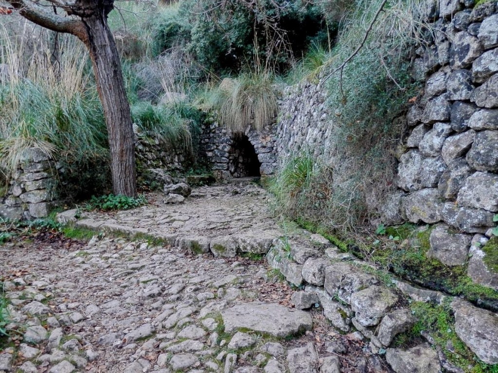 Vista de un camino de piedra que conduce a la font de Bàlitx empedrada, flanqueada por paredes de piedra y vegetación en un entorno natural.