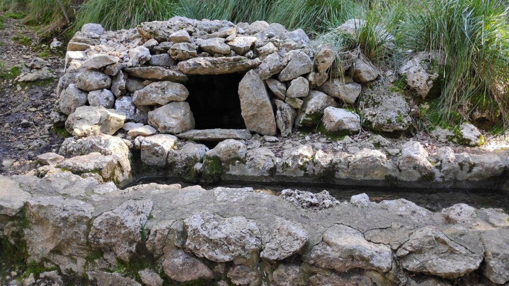 Vista de la font d'en Gallina, una fuente de piedra rodeada de rocas y vegetación, con agua fluyendo por una canaleta.