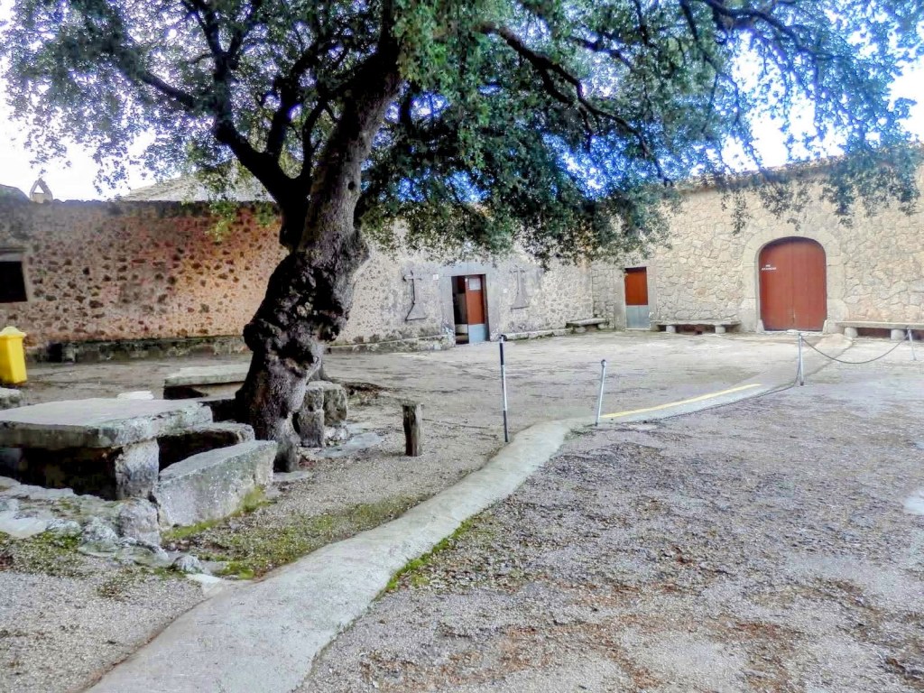 Vista del patio de la Ermita de la Trinidad, con un gran árbol, paredes de piedra y puertas de madera.