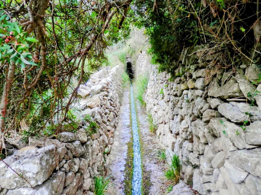 Camino estrecho con un canal de agua flanqueado por muros de piedra y vegetación densa a ambos lados.