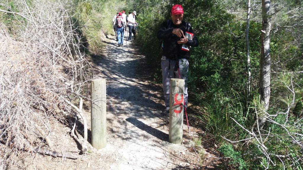 Grupo de excursionistas caminando por un sendero en un entorno natural, con marcadores de madera señalando la ruta.