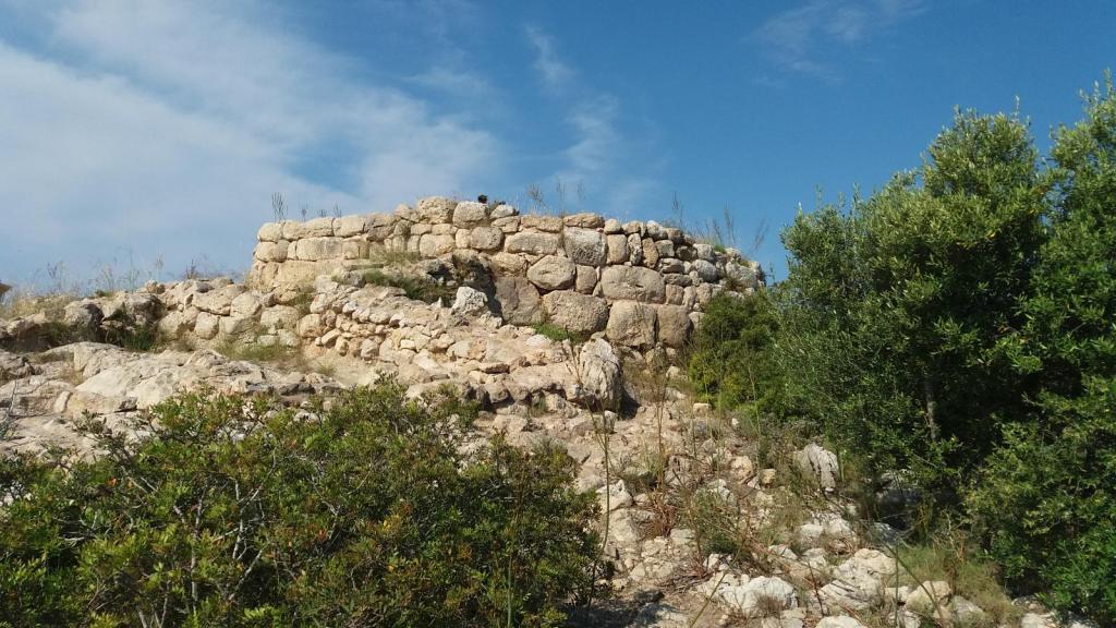 Restos de un poblado talayótico en el Puig de Sa Morisca, en un entorno natural con vegetación y cielo despejado.