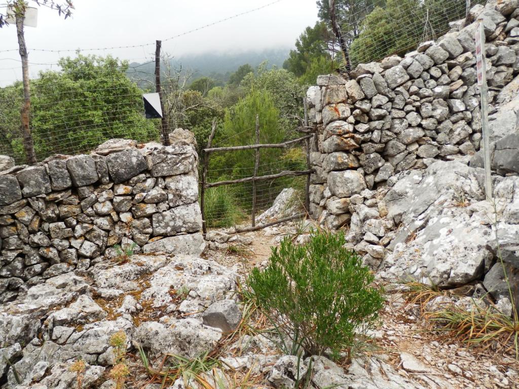 Portillo de acceso con puerta de madera, rodeado de un muro de piedra en un paisaje montañoso con vegetación.