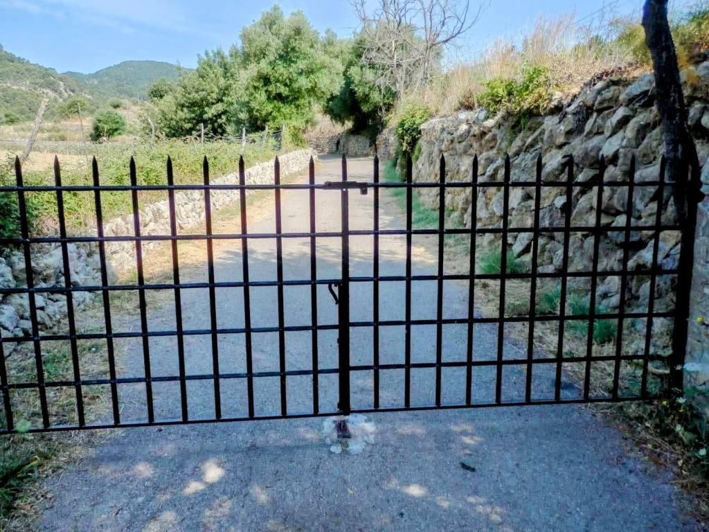 Puerta de hierro negra cerrada en un camino rural, rodeada de vegetación y paredes de piedra.