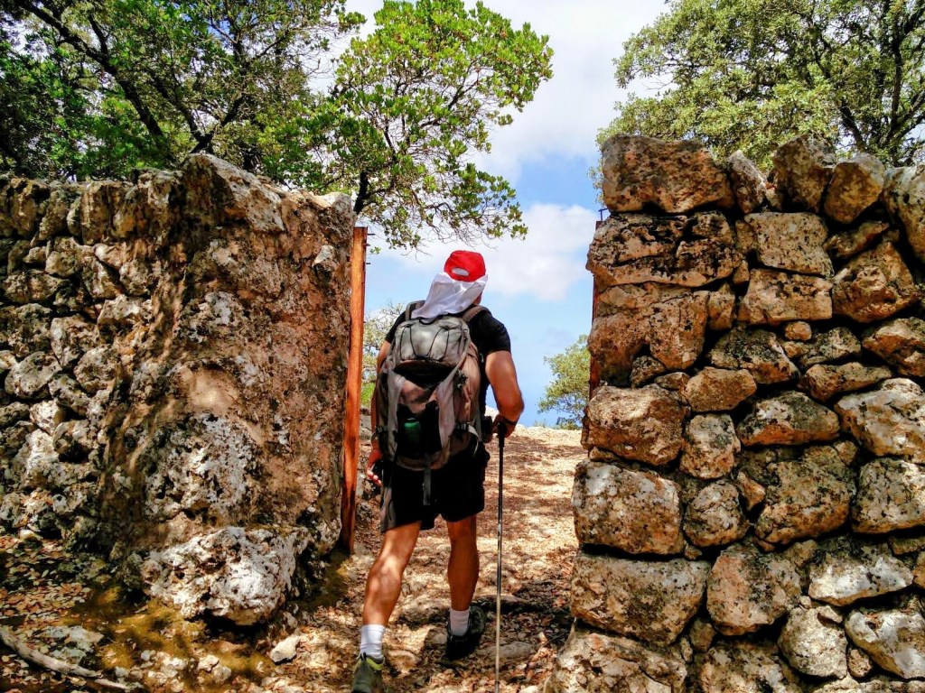 Hombre caminando por el Coll d'Estellenç rodeado de vegetación, mientras se acerca a una apertura entre muros de piedra.