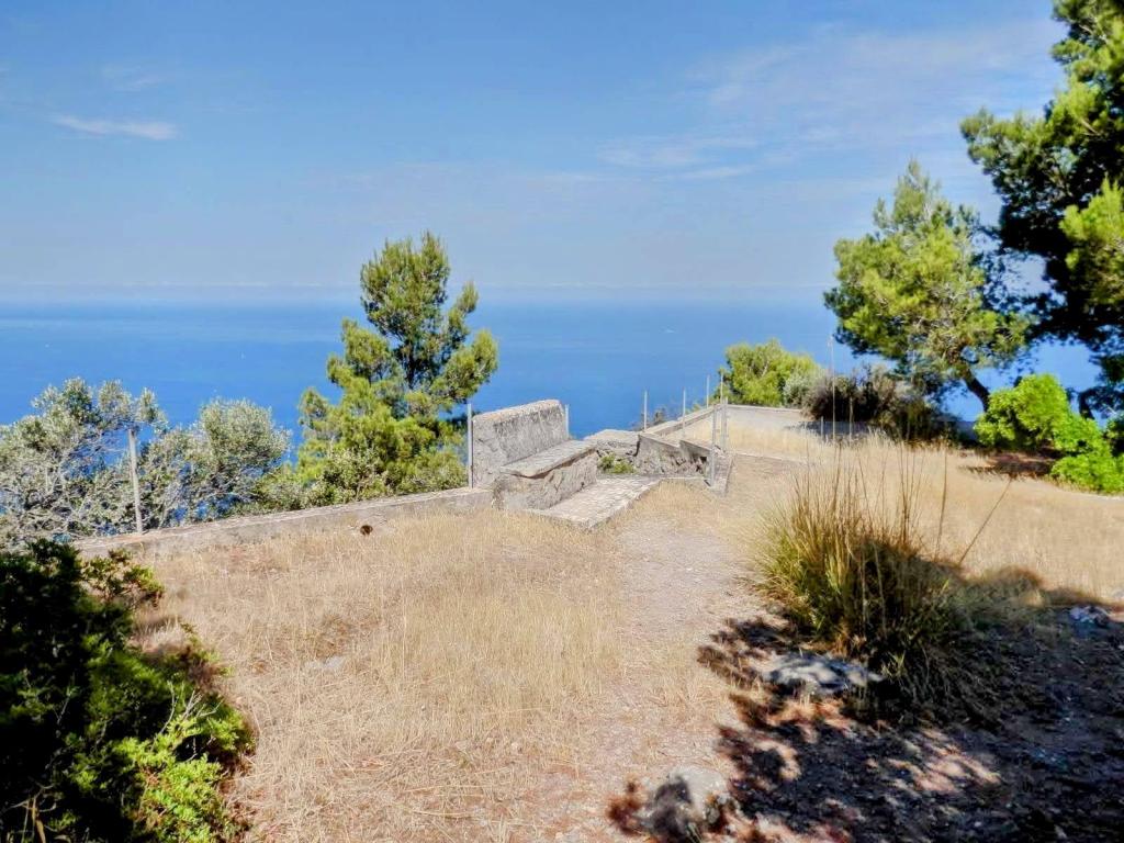 Mirador del Pas de s’Escaleta con vistas al mar, rodeado de vegetación y árboles. Se observa un espacio despejado con césped seco y un banco de piedra.