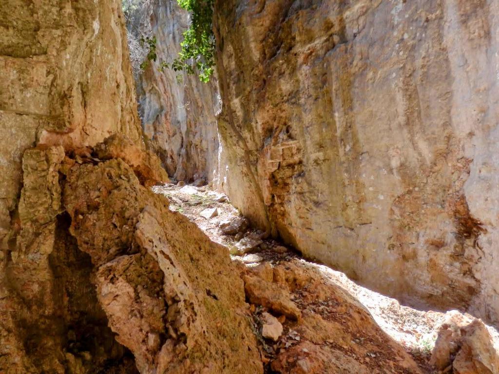 Vista de una grieta natural en la roca, flanqueada por paredes de piedra y arbustos, mostrando un sendero de tierra en el fondo.
