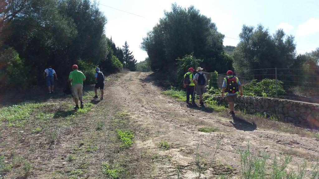 Grupo de personas caminando por un camino rural rodeado de árboles en la ruta 'Sant Llorenç de Cardessar y alrededores'.