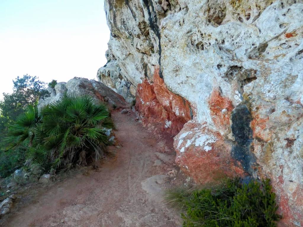Sendero estrecho junto a una roca con coloraciones rojizas y vegetación lateral, en un paisaje natural.