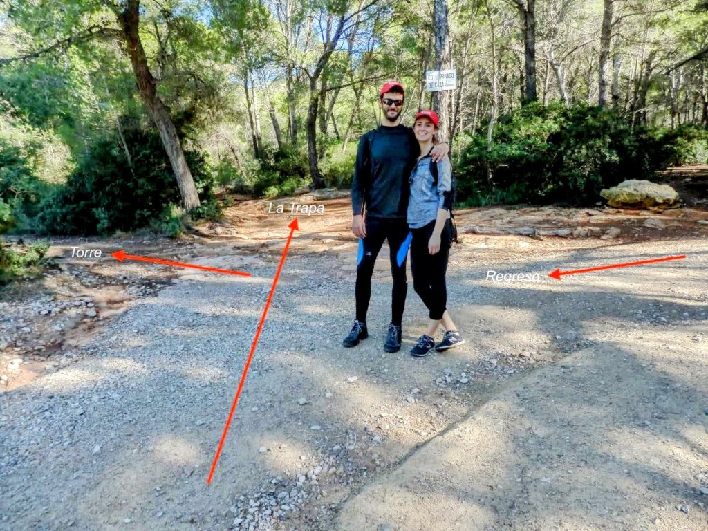 Dos personas posando en un cruce de caminos en un entorno forestal, con señales que indican la dirección hacia 'La Trapa', 'Torre' y 'Regreso'.