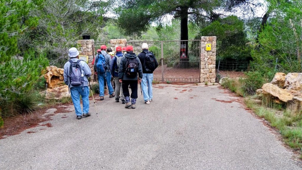 Grupo de senderistas acercándose a una puerta de acceso de piedra a la finca Es Fangar, rodeados de vegetación.