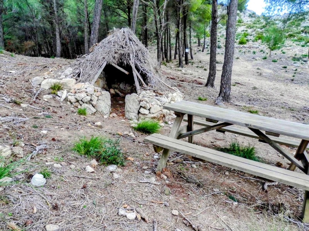 Estructura de piedra con techo de ramaje y mesa de madera en Zona de sa Vinya.
