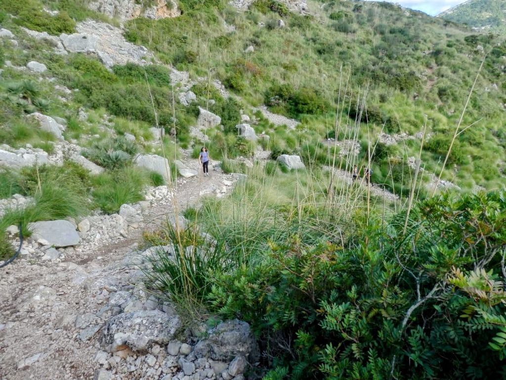 Sendero en la ruta Mola de s'Esclop, con vegetación montañosa y dos excursionistas avanzando por el camino.