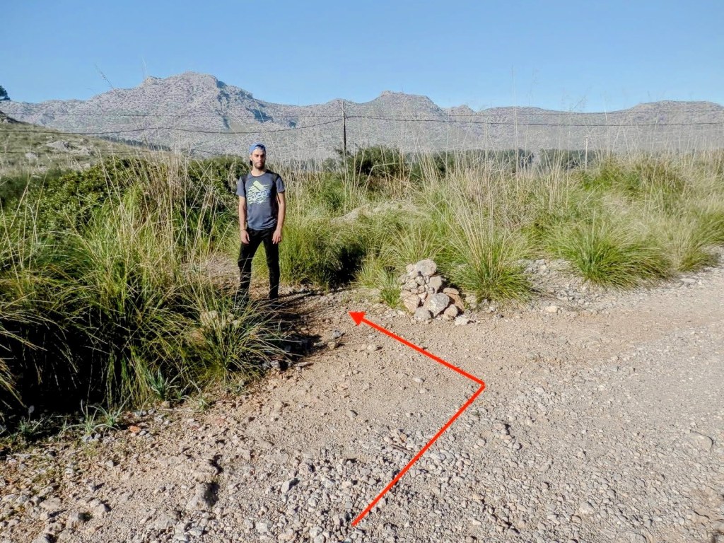 Un sendero en un paisaje montañoso, con una persona de pie junto a un hito de piedras que indica la dirección del camino, rodeado de vegetación alta.