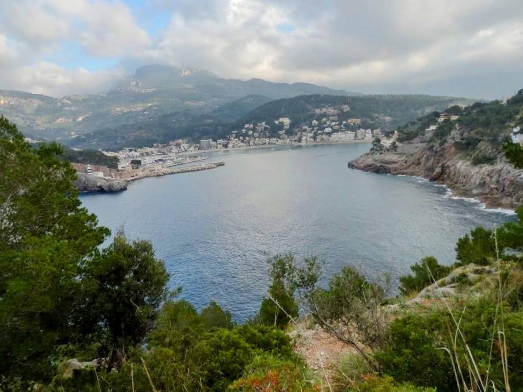 Vista panorámica del puerto de Sóller con montañas al fondo y un cielo nublado, rodeado de vegetación.