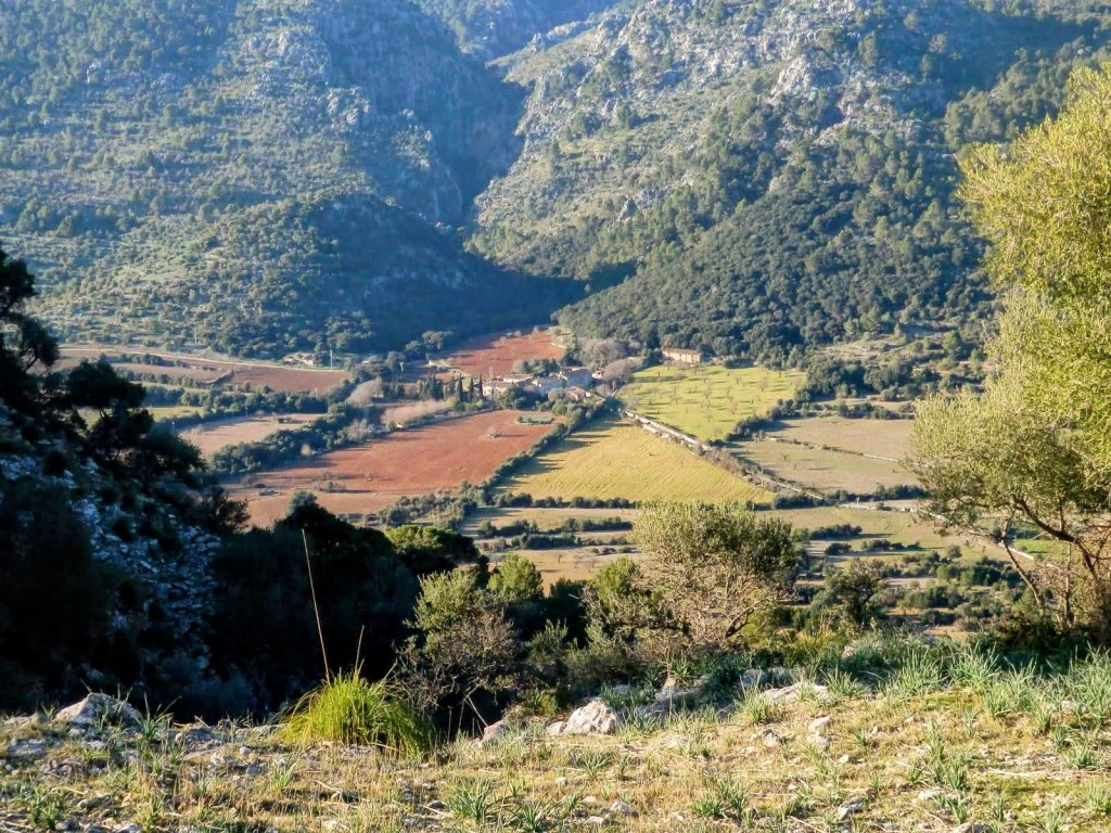 Vista panorámica del paisaje montañoso con campos cultivados y vegetación variada en la ruta Biniarroi-Camí de ses Cases Noves.