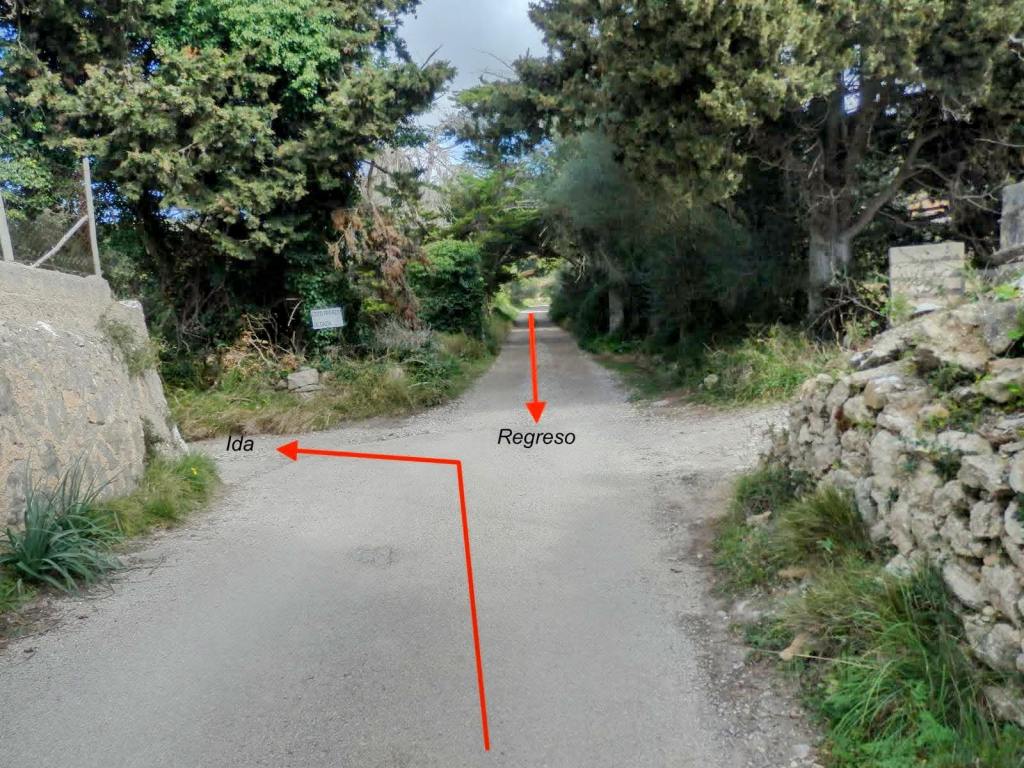 Camino rural que muestra direcciones de ida y regreso, rodeado de vegetación y con señalización visible.