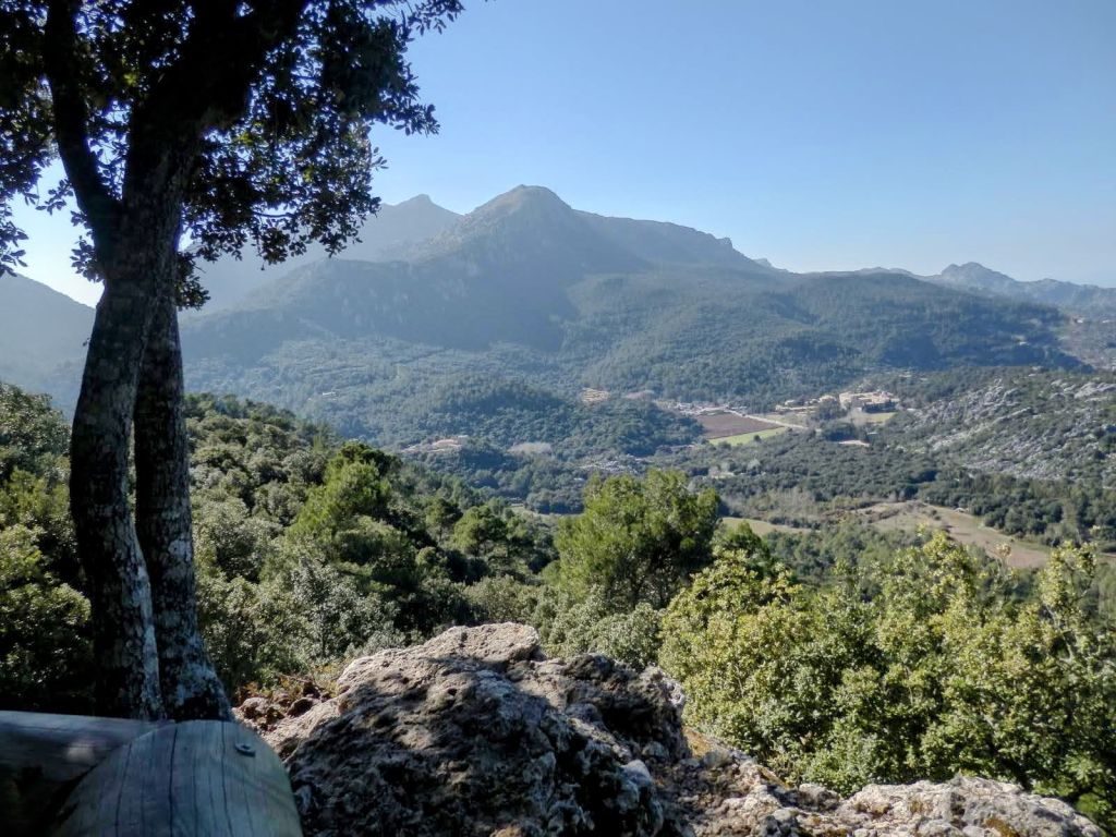 Vista panorámica desde un mirador hacia montañas y valles con vegetación densa, incluyendo árboles y rocas en primer plano.