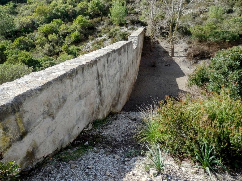 Vista lateral de una antigua presa en medio de un entorno natural, rodeada de vegetación y árboles.