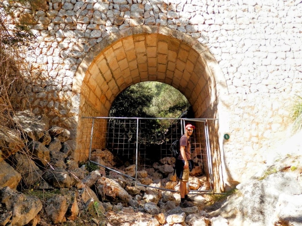 Hombre de pie frente a una estructura de piedra con un arco y una reja en una zona boscosa.