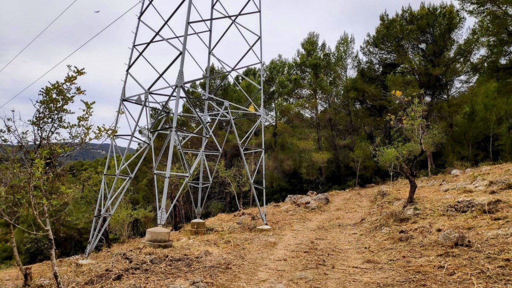 Vista de una torre eléctrica rodeada de árboles en un sendero próximo al Puig des Voltor.