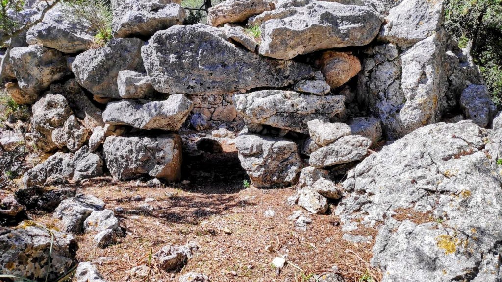 Vista del Talaiot de Comassema construido con grandes bloques, rodeado de un entorno natural de árboles y vegetación, posiblemente en la ruta Puig de Sa Font Seca desde Orient.