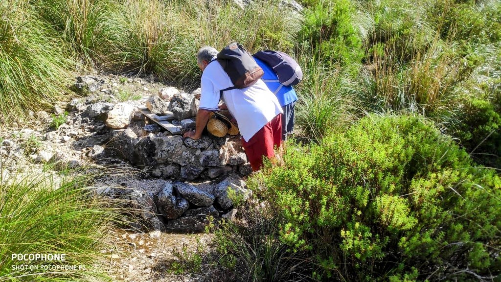 Una persona inspecciona un pozo de agua en un entorno natural, rodeado de hierba alta y vegetación.