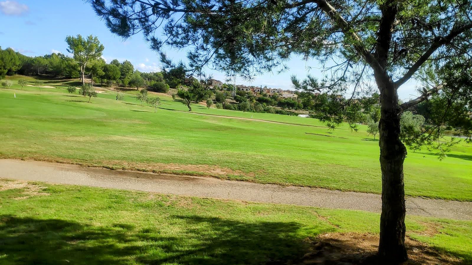 Vista del Campo de Golf de Son Quint con césped verde y árboles, bajo un cielo claro.
