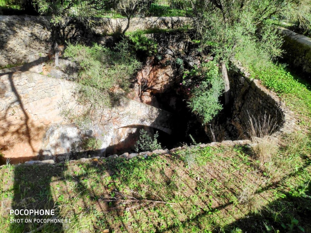 Vista desde arriba de la Cueva de Sant Martí rodeada de vegetación y piedras, con un entorno natural en la Ruta Puig de Sant Martí.