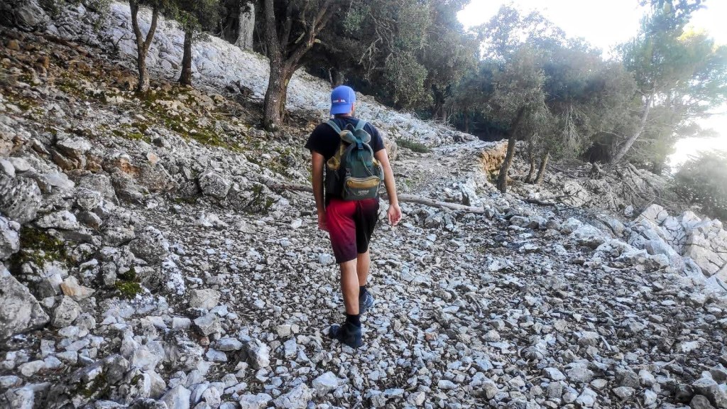 Camí Es Caragol. Sendero rocoso en la montaña con un caminante de espaldas, rodeado de árboles.