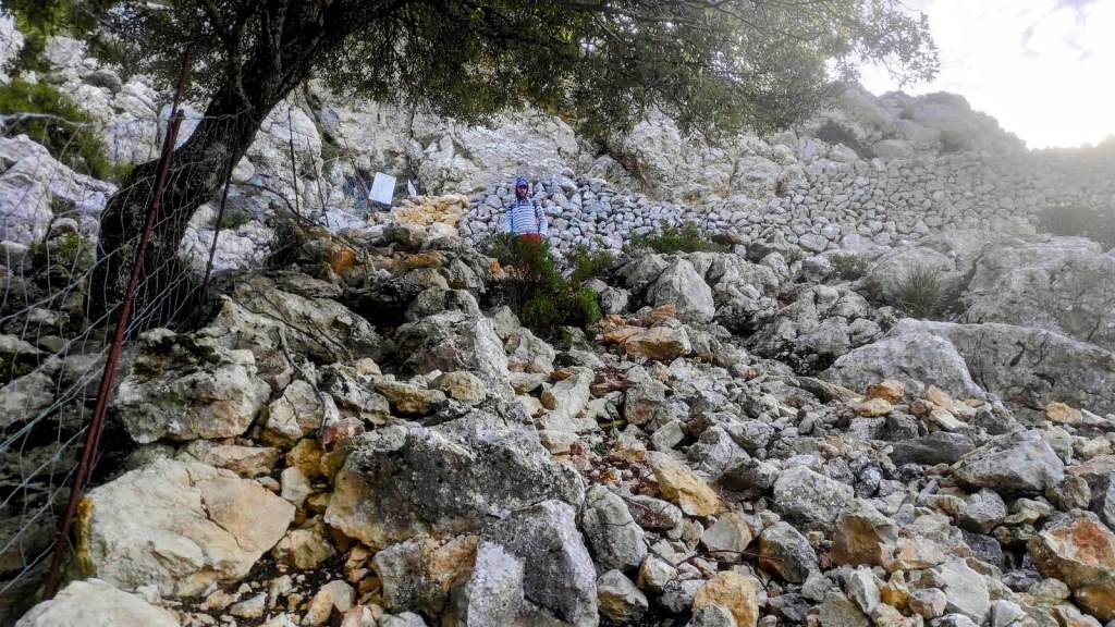 Imagen de una senda de montaña con piedras grandes y un árbol en el lado izquierdo. Una persona con camiseta de rayas y gorra está en el fondo, rodeada de rocas y vegetación.