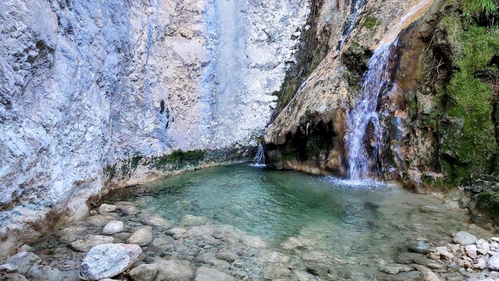 Vista del Gorg de Can Catí con aguas claras, rodeado de paredes de roca y cascadas en un entorno natural.