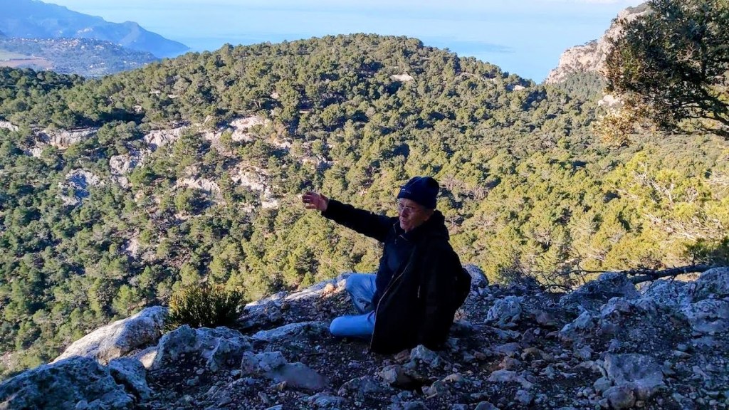 Un senderista sentado en una roca en el Mirador natural de sa Regata de les Onzer, disfrutando de las vistas de un paisaje montañoso cubierto de pinos y con el mar al fondo.
