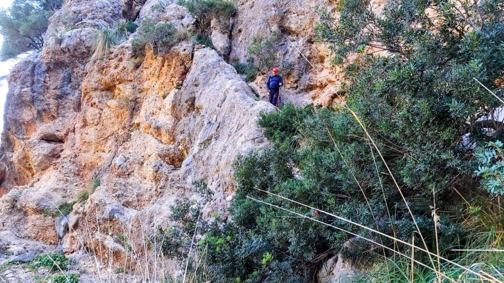Una persona escalando el Pas de s’Heura, una pared rocosa en un entorno natural, rodeada de vegetación.
