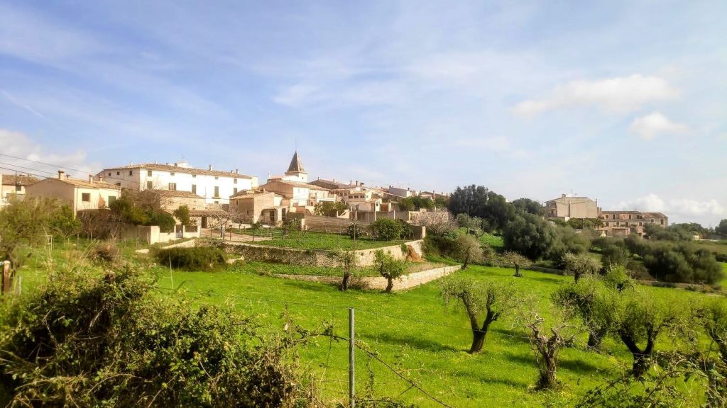 Vista panorámica del pueblo de Moscari, con casas blancas y un paisaje verde lleno de árboles y campos.