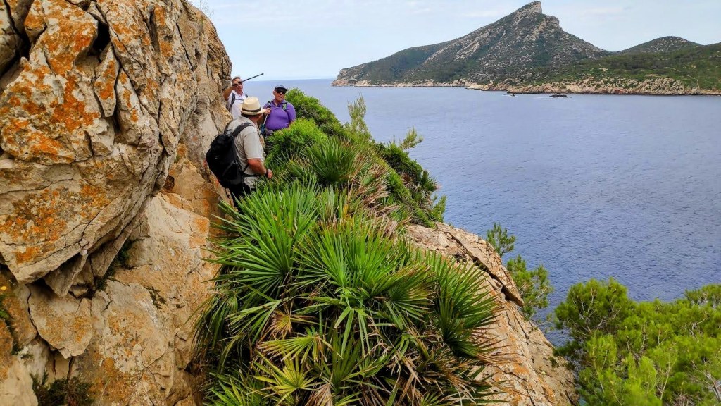 Grupo de excursionistas en el Pas d’en Grau, un sendero rocoso cerca de la costa, con mar azul y montañas al fondo.