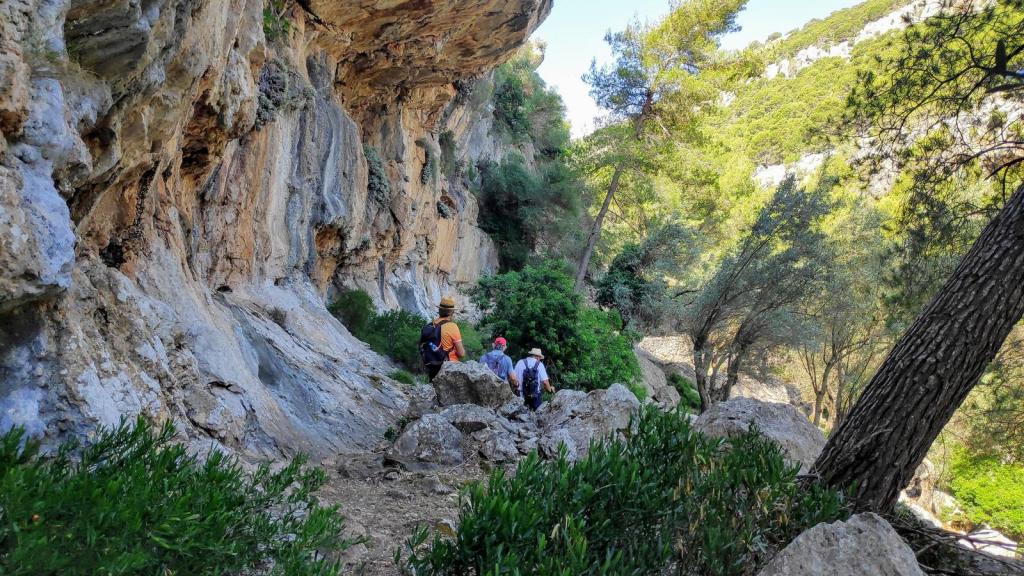 Grupo de excursionistas caminando por un sendero rocoso rodeado de paredes de piedra y vegetación en la Serra de Tramuntana, Mallorca.