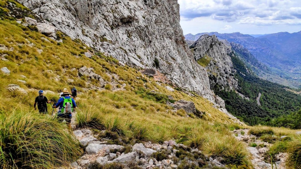 Grupo de senderistas descendiendo por un camino rocoso en la ruta hacia Puig Major, Mallorca, rodeados de vegetación y acantilados.