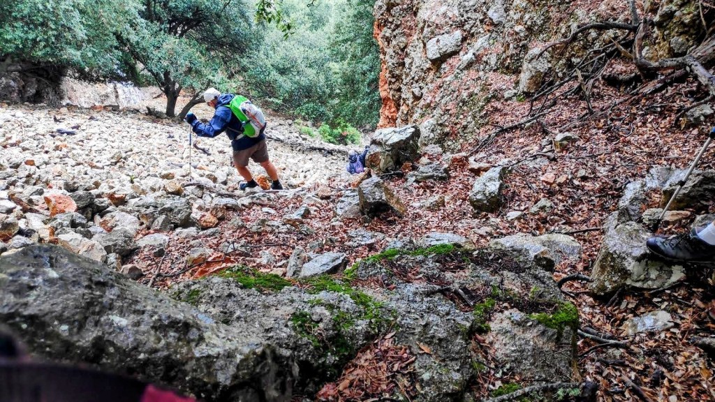 Un senderista descendiendo por el Pas des Xaragalls, en un entorno natural con vegetación densa.