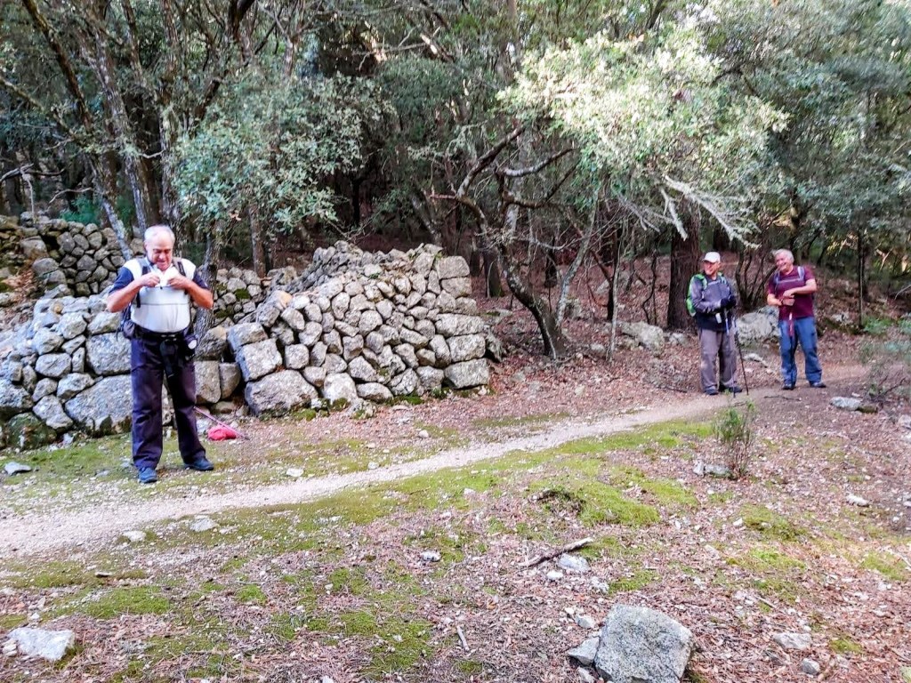 Tres senderistas en un camino rodeado de vegetación, con un muro de piedra detrás y un paisaje natural en el entorno.