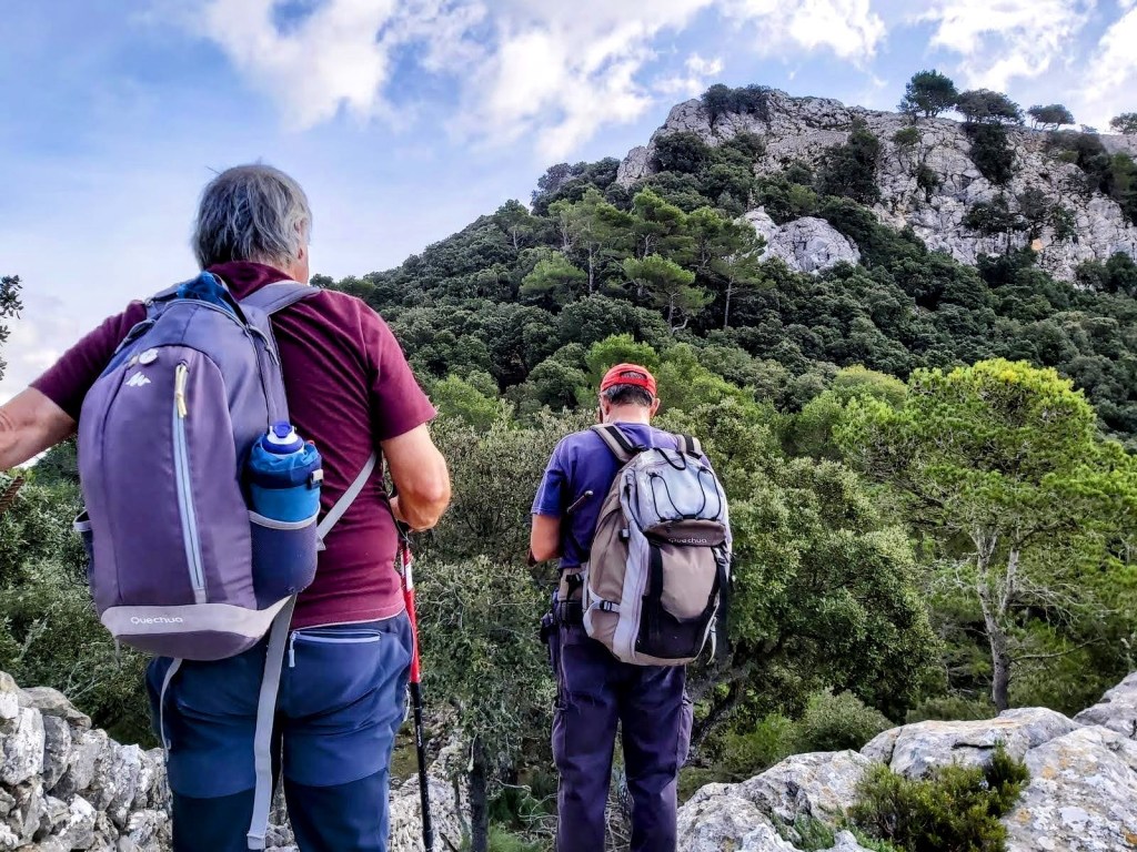Dos senderistas de espaldas mirando hacia un paisaje montañoso cubierto de árboles, con rocas y cumbres visibles en el fondo.