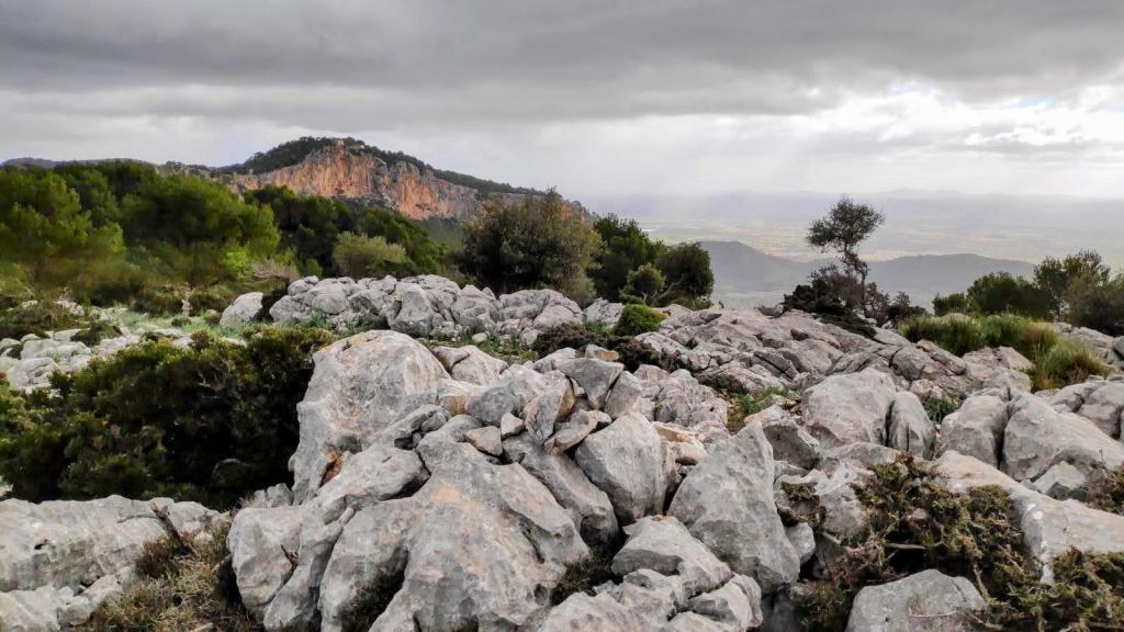 Vista panorámica desde la cima del Puig de Can Llenderina, con paisaje montañoso con rocas y vegetación, mostrando un acantilado en la distancia bajo un cielo nublado.