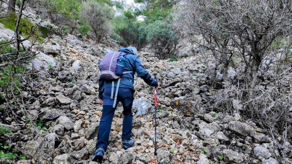 Una persona subiendo un sendero rocoso en la Ruta del Puig de Garrafa, con árboles y vegetación alrededor.