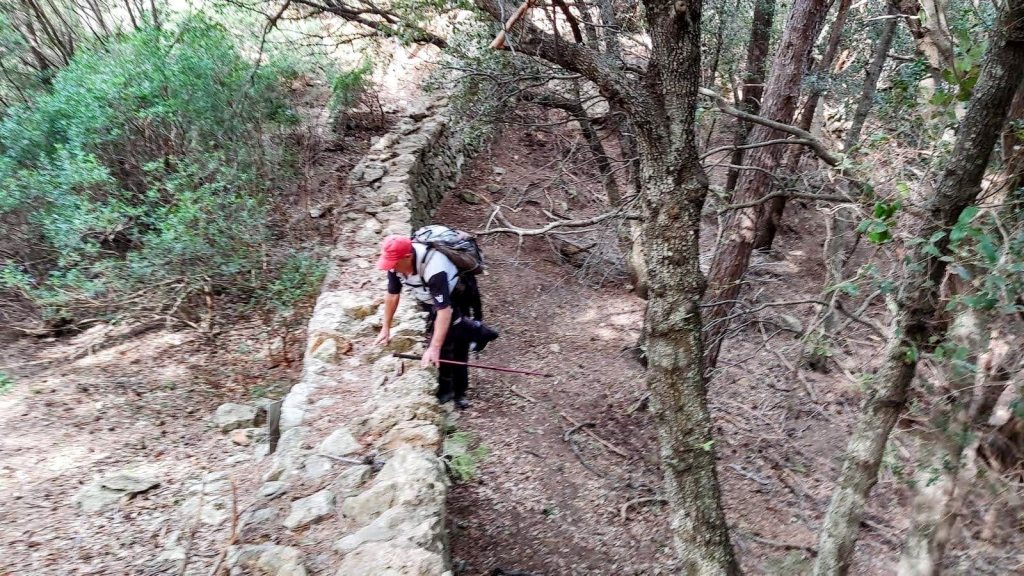Senderista apoyándose en una pared de piedra seca en el Coll d’en Tibor durante la ruta hacia la Cueva de Can Sión en Pollença.