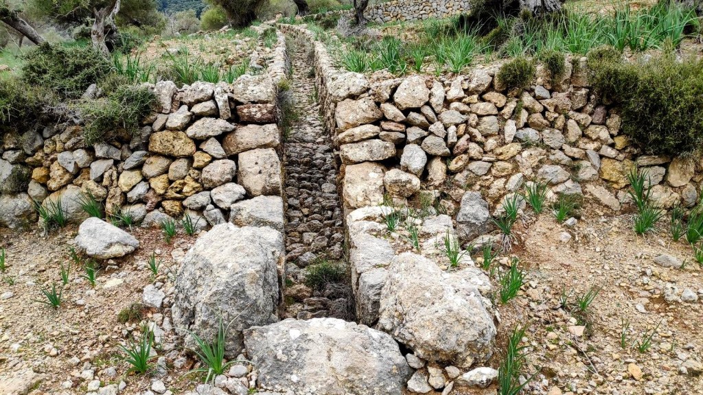 Vista de un antiguo canal empedrado con paredes de piedra en un entorno rural, rodeado de vegetación y rocas.