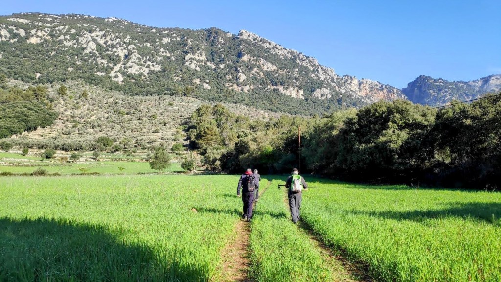 Dos senderistas caminando por un camino de tierra rodeado de campos verdes, con montañas al fondo bajo un cielo despejado.