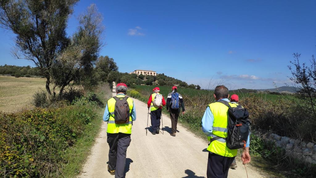 Grupo de senderistas con chalecos reflectantes caminando por un camino rural rodeado de campos verdes y árboles, con una edificación visible al fondo bajo un cielo despejado.