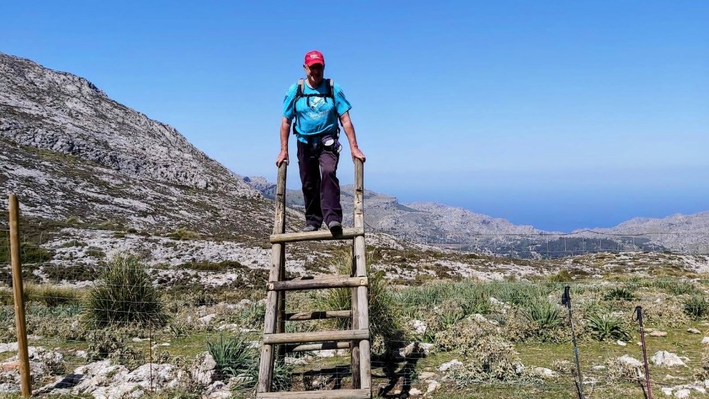 Una persona subiendo por una escalera de madera en un paisaje montañoso con vistas al mar, bajo un cielo despejado.