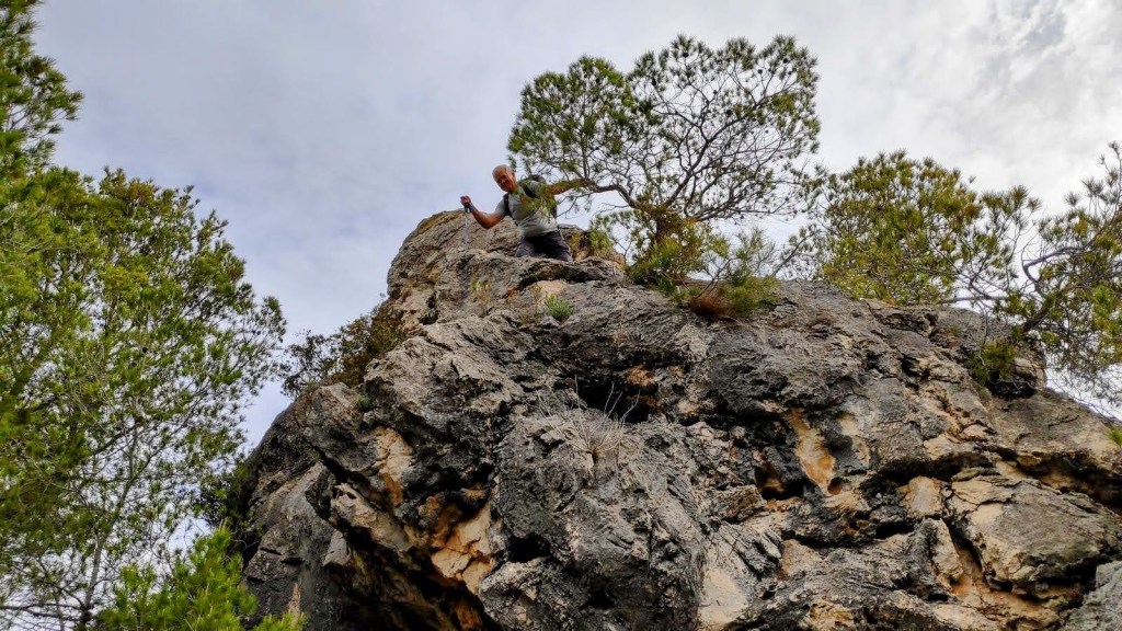Persona en la cima de Es Picó Petitrodeada de árboles, mostrando gestos de victoria y alegría.