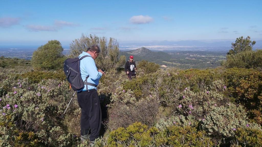 Personas realizando senderismo en un paisaje montañoso con vegetación baja y arbustos, con vistas al valle y al horizonte en un día despejado.